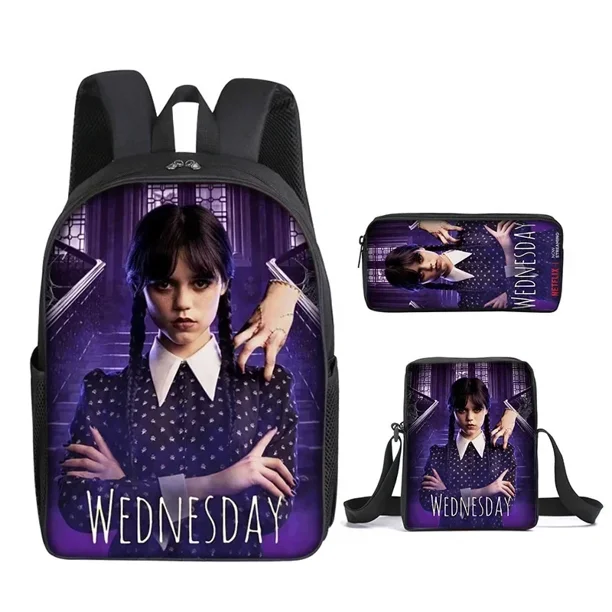 3PC/set Wednesday Addams Backpack Nevermore Academy Primary Middle School Students Boys Girls Schoolbag Cartoon Bag Mochila