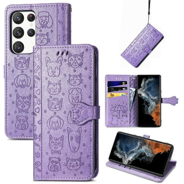 Funda Cartera FOXDOCK para Samsung Galaxy S23 Ultra , Flip PU con Relieve de Gatos y Perros, Tarjetero y Soporte