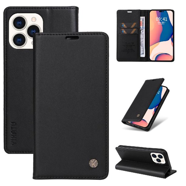 Funda Billetera de Cuero para iPhone 14 Pro Max con Tarjetero y Soporte - Tapa Magnética Negro