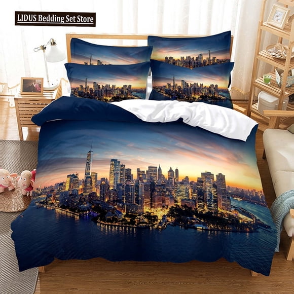 x2581 Bed SheetsNew York Duvet Cover NYC That Never Sleeps Reflection On Manhattan East River City Night Scene Room Decorative Bedding Pink Blue 3-Piece Bedding Set (1 Duvet Cover + 2 Pillow Shams) nj