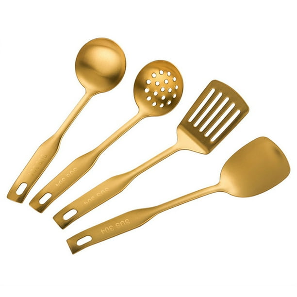 Espátula y cucharón para wok, espumadera, espátula ranurada - Juego de utensilios de cocina de acero inoxidable 304, 4 piezas, accesorios para wok