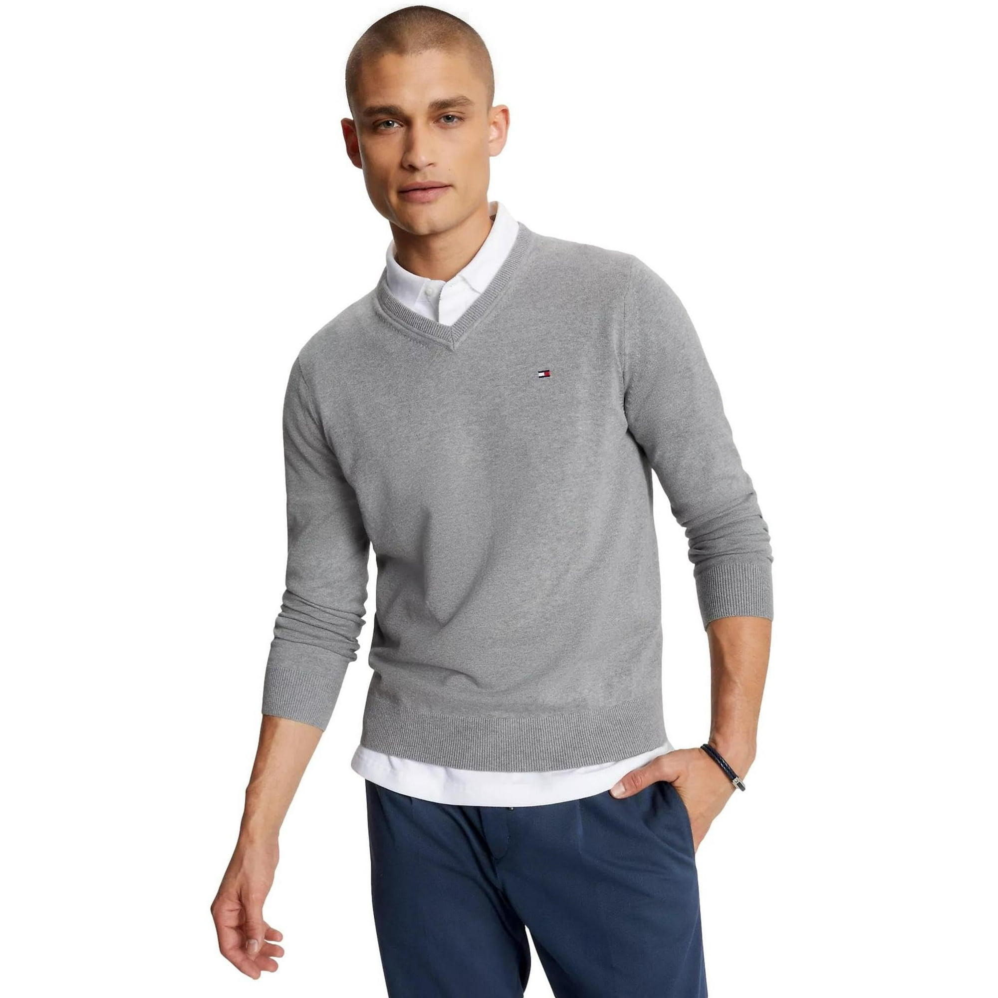 Jersey Tommy Hilfiger Colección 2024 Con Cuello En V Para Hombre Gris Xxl
