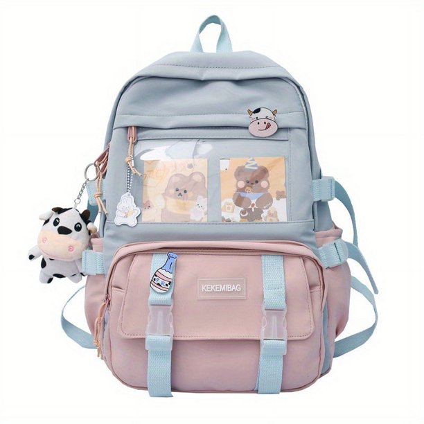 Get Ready for School with Our Kawaii Colorblock Backpack - Cute Cartoon Nylon Bookbag with Clear Front Pocket