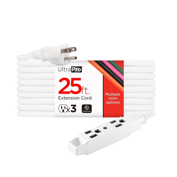 Cable de extensión UltraPro de 25 pies para interiores, 3 salidas, 16 AWG, blanco