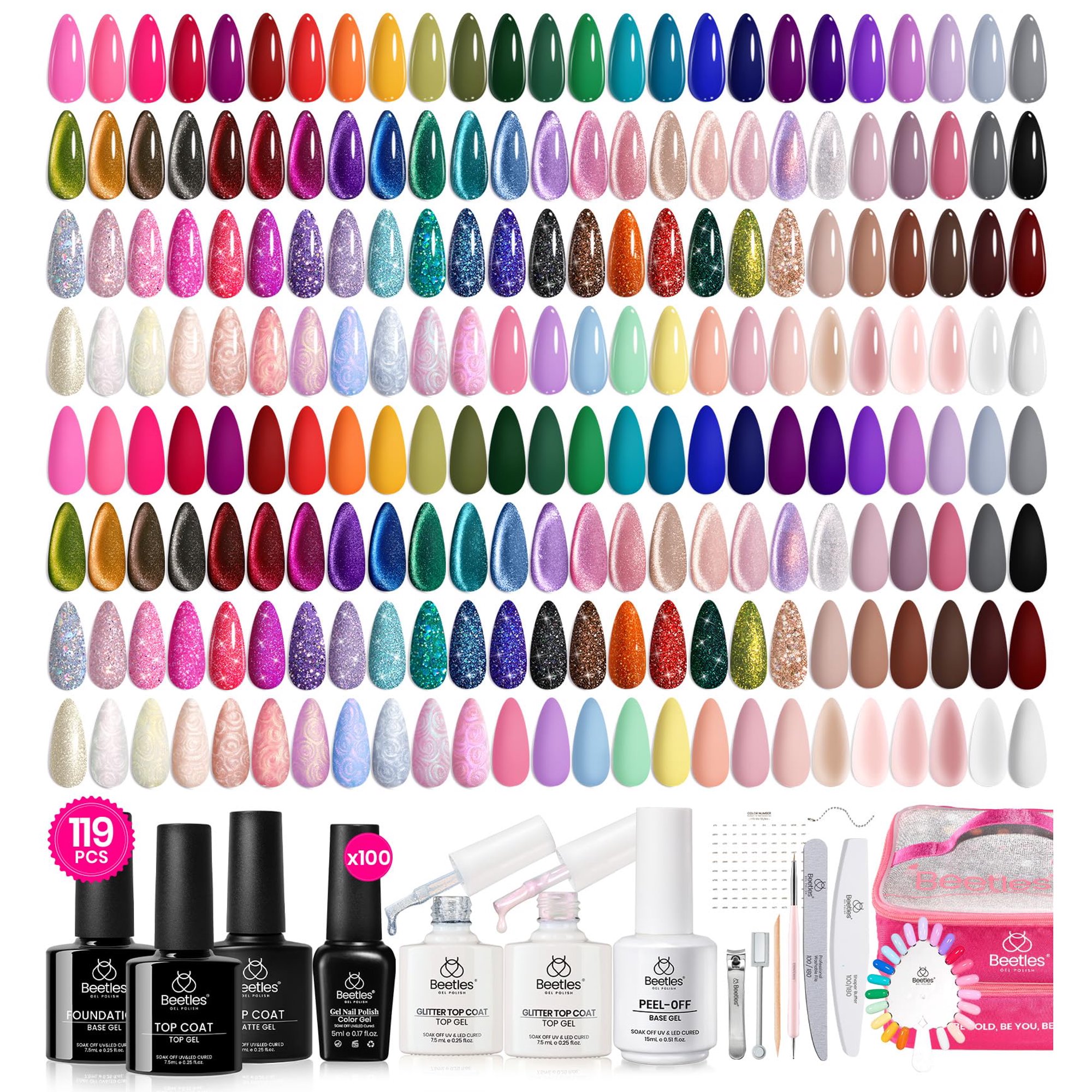 Beetles Gel Polish - Set De Esmaltes De Uñas En Gel Beetles 100 Colores Con Capa Base Superior, 119 Unidades