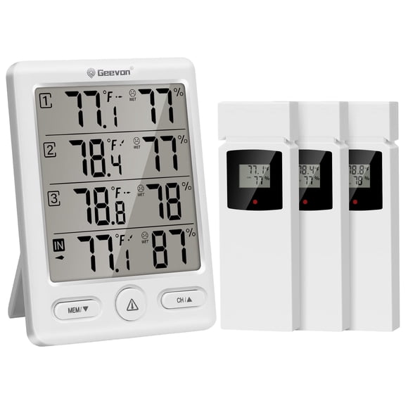 Termómetro inalámbrico Geevon para interiores y exteriores con 3 sensores, color blanco