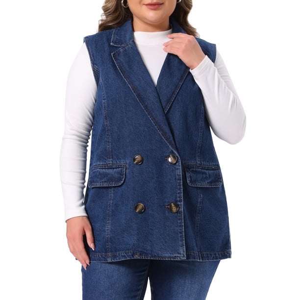 Chaleco de Mezclilla para Mujer de Talla Grande Agnes Orinda con Solapa con Muesca, Doble Botonadura, Sin Mangas, Casual, con Bolsillos 1X Azul Oscuro