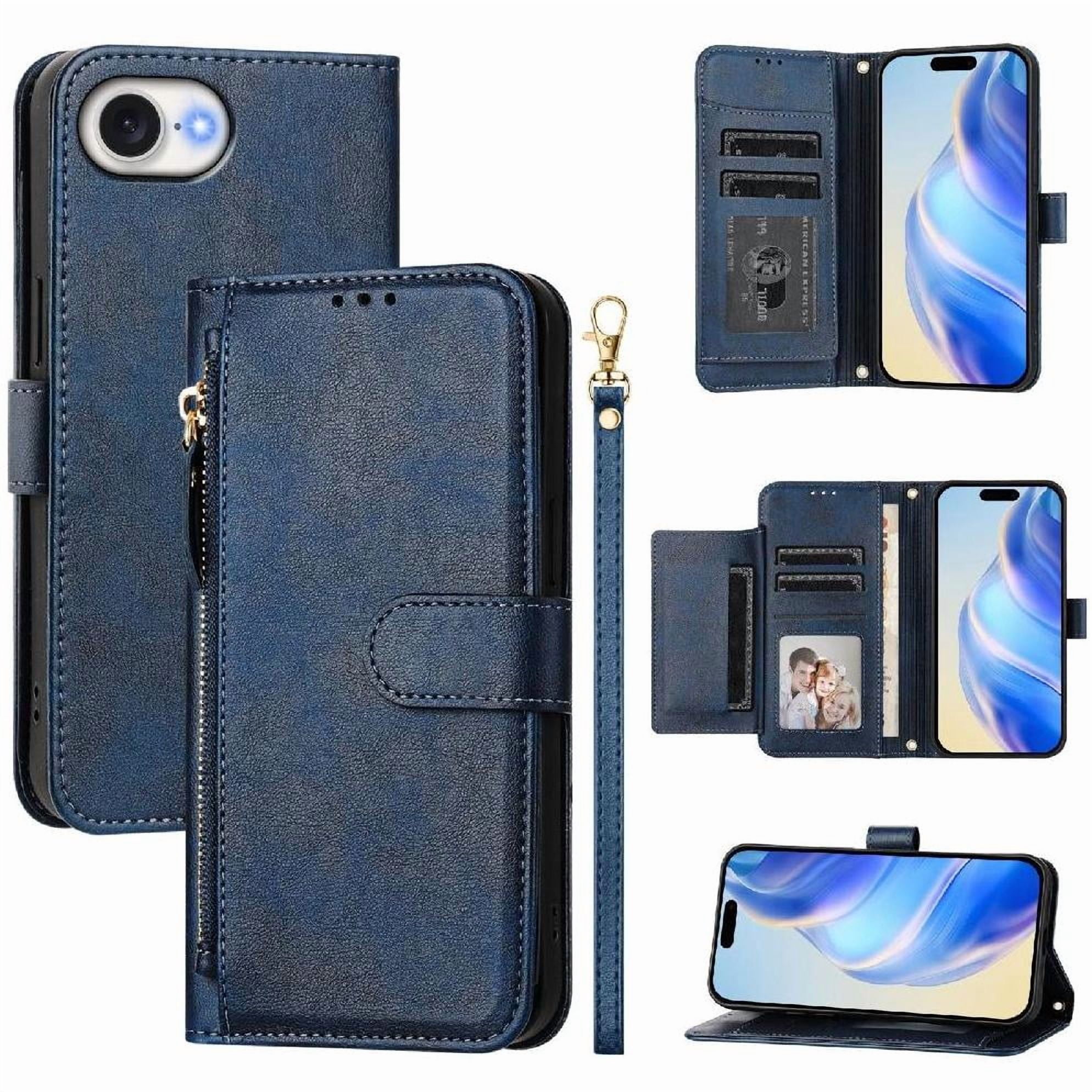 Foxdock - Funda Tipo Billetera Para Iphone 16e Con Cremallera Portatarjetas Soporte Correa De Muñeca Cuero Azul