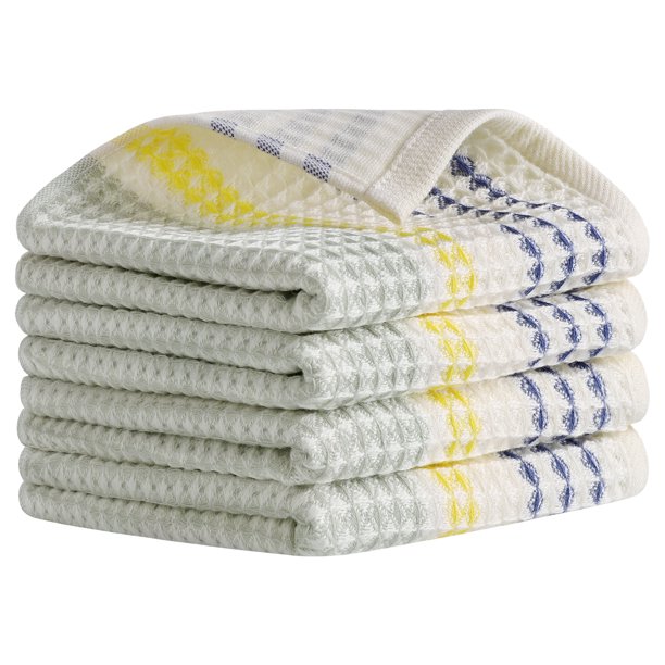 REGALWOVEN Toallas de Mano a Rayas de Waffle para Baño, Juego de Toallas Decorativas de Algodón Suave y Absorbente (13 x 29 Pulgadas) Azul Amarillo 4 Piezas