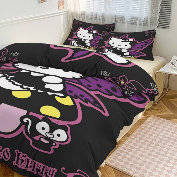 The Anime Hello Kitty Quilt Duvet Cover Set Comforter Cover 3 Pieces Bedding Printed Quilt Cover Set with Pillow Cases Easy Care And Soft Hand Feel Bed Sheets