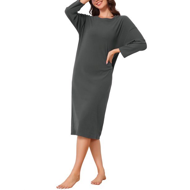 INSPIRE CHIC Camisón térmico de mujer de forro polar Dralon acanalado de manga larga con cuello redondo caído y ajuste holgado, vestido de pijama midi 3XL gris