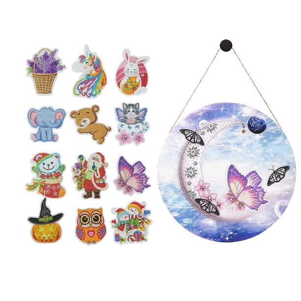 12 Pcs Diamond Painting Wall Decor, Interchangeable Seasonal Welcome Sign Hanging With Soft Magnetic Diamond Painting Stickers For Beginners, Adults & Kids Art Craft Supplies(Moon Butterfly)