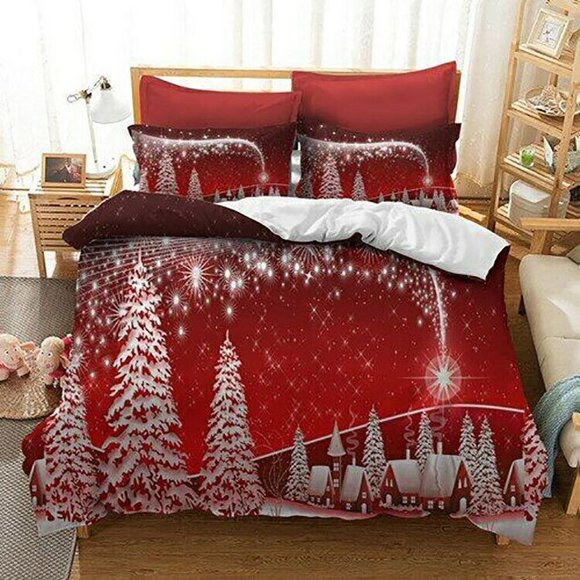 Festive Christmas Tree Red Quilt Duvet Cover Set Soft Bed Linen3-Piece Bedding Set