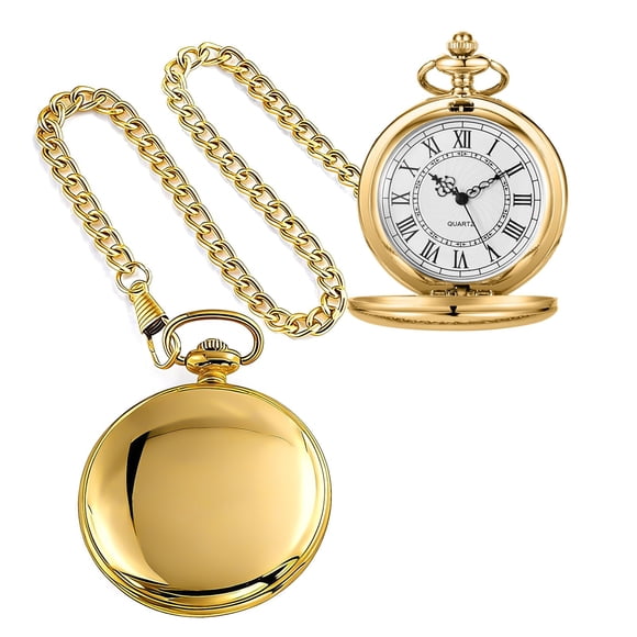 Reloj de bolsillo Alwesam de cuarzo liso dorado con cadena de 37 cm