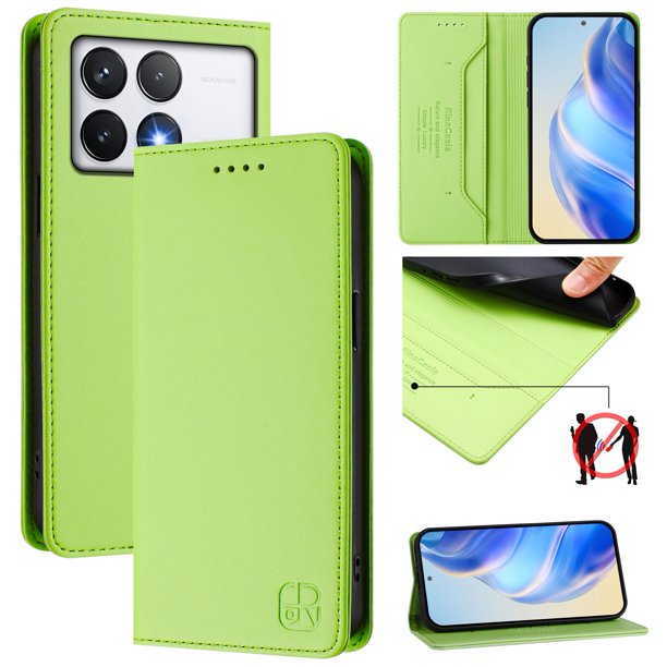 Funda Billetera con Soporte para Xiaomi Poco F6 Pro Bloqueo RFID Plegable Verde claro