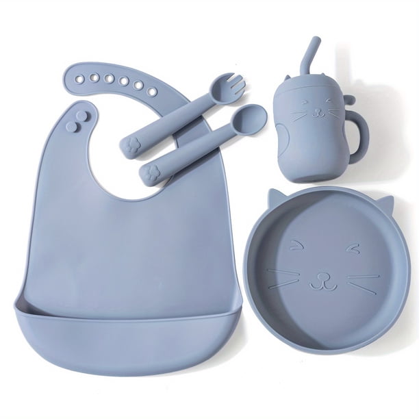 Baby Feeding Set Silicone Feeding Set Shallow Tray Kitten Design Baby Silicone Tableware, Toddler Eating Utensils, With Suction Cup, Shallow Tray Bib Soft Spoon Fork Cup, Tough Tableware Set, Edible G