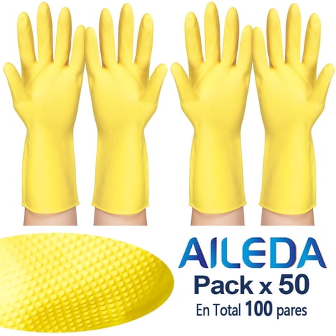 Aileda Guantes Latex De Limpieza Amarillo Talla L - 2 Pares Guantes Látex Amarillo Limpieza Multiuso 30X14Cm (En Total 100 Pares)