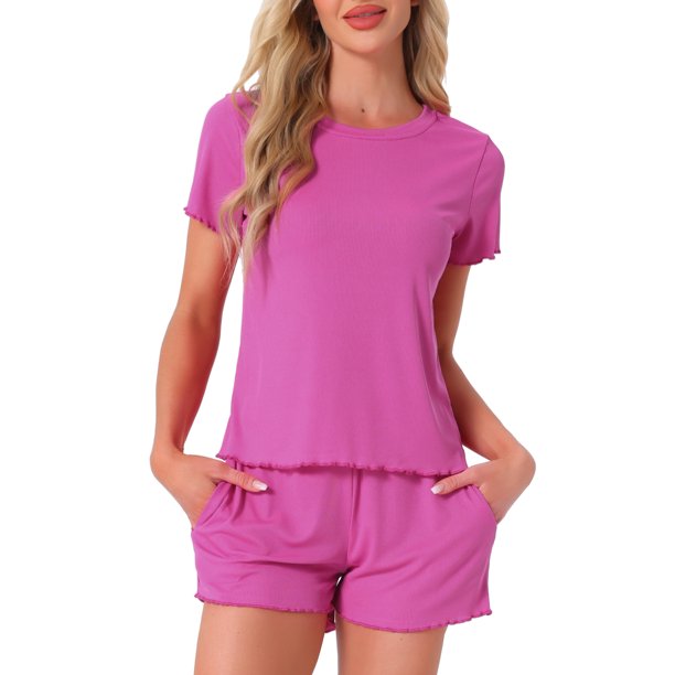 INSPIRE CHIC Conjuntos de Pijama para Mujer, Camiseta de Manga Corta con Cuello Redondo y Shorts con Volantes, Conjunto de 2 Piezas para Estar en Casa con Bolsillo L Rosa