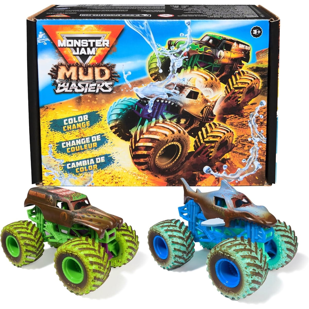 Spin Master Games - Monster Jam Mud Blasters Grave Digger Megalodon Cambia Color