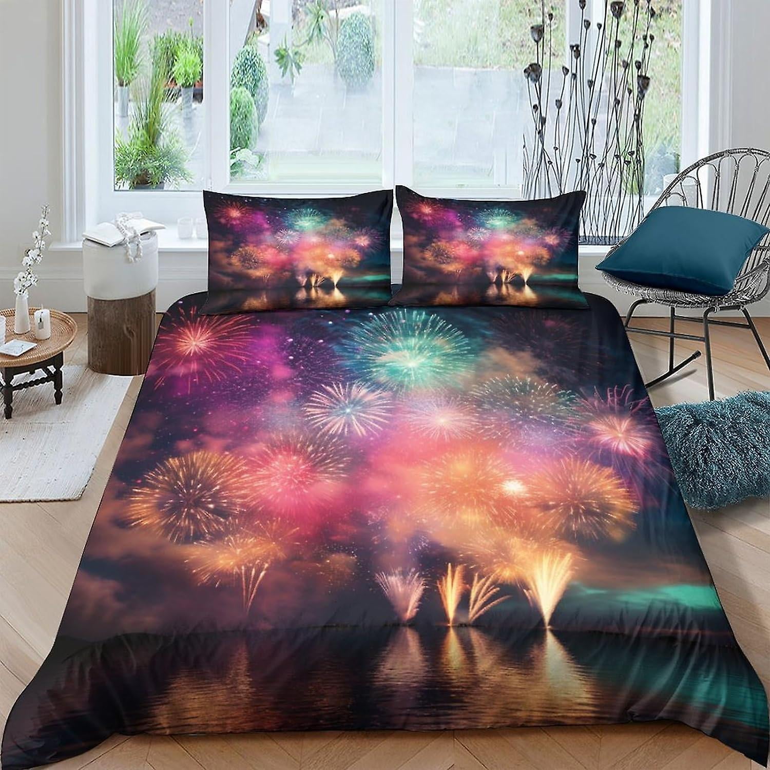 Yingd - Juego De Ropa De Cama De 3 Piezas Con Funda Nórdica Estampada De Fuegos Artificiales Funda Nórdica Colorida De Microfibra Suave Con Fundas De Almohada Y Cierre De Cremallera