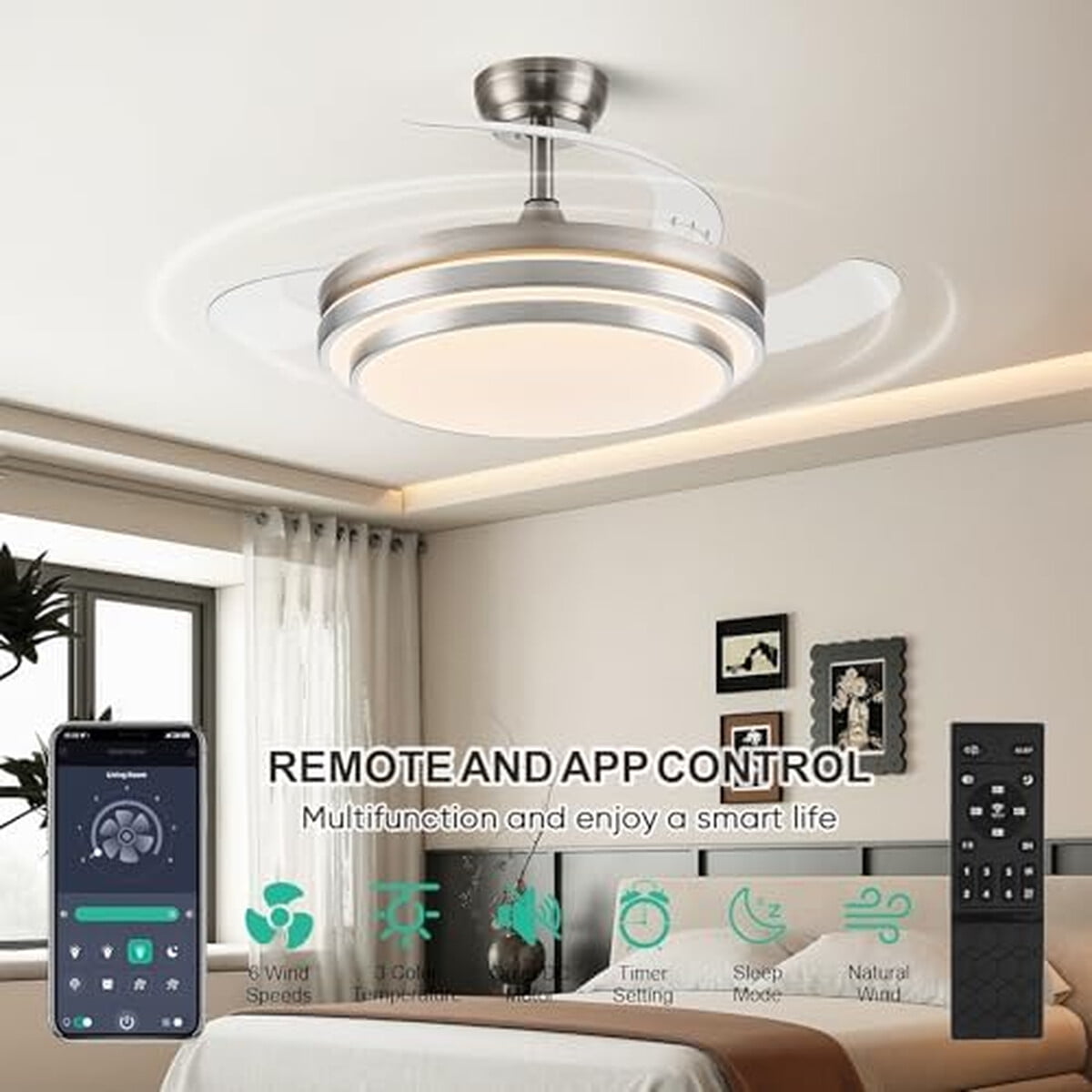 Fidgra - Ventilador Techo 48 Pulgadas Luz Led Retractil App