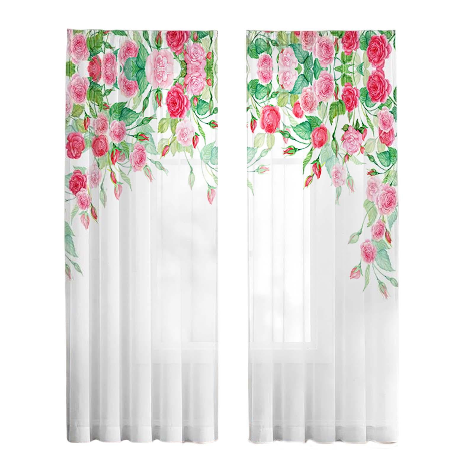 Magideal - 2 Uds Cortinas Transparentes Estampadas Tul Barra Bolsillo Ventana Cortina Floral Paneles De Cortina Para Cocina Habitación Niños Habitación Comedor 132cmx213cm