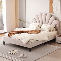 M&Ms - Full Size Upholstered Platform Bed With Flower Pattern Velvet Headboard, Beige