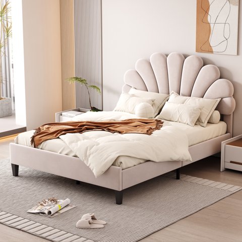 M&Ms - Full Size Upholstered Platform Bed With Flower Pattern Velvet Headboard, Beige