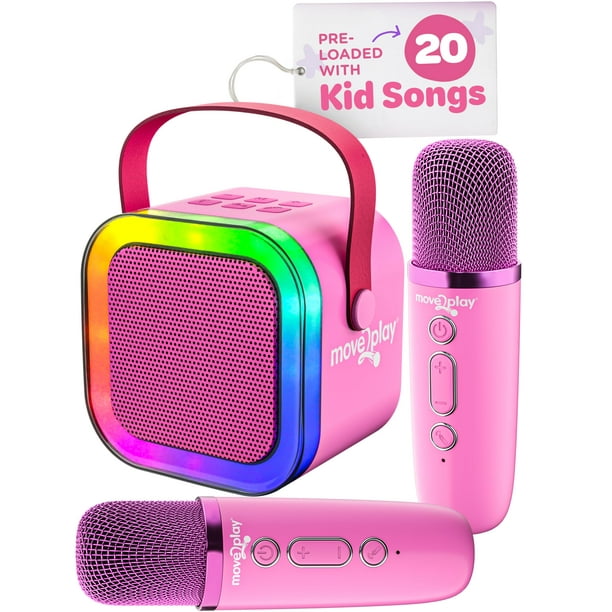 Máquina de karaoke Move2Play Mini con más de 20 canciones para niños, 2 micrófonos Bluet