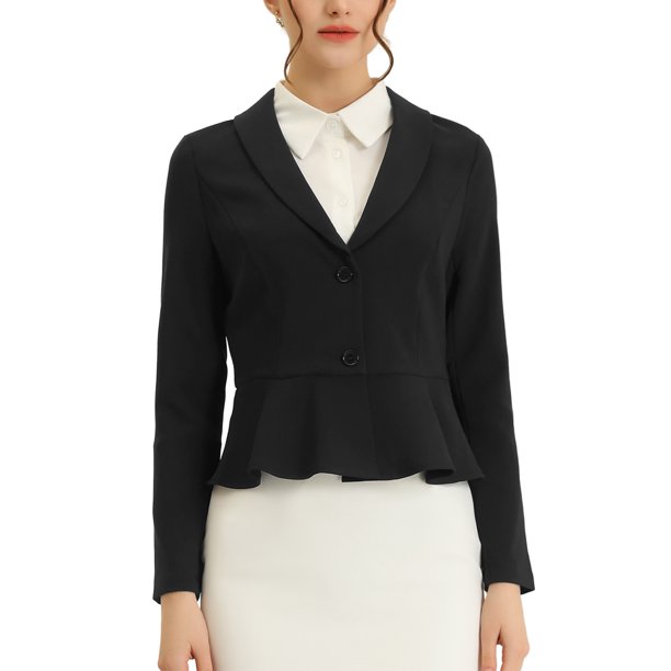INSPIRE CHIC Blazer corto de trabajo para mujer, atuendo de maestra para el regreso a clases, chaqueta de oficina casual con cuello con solapa, manga larga y volante, talla M, color negro