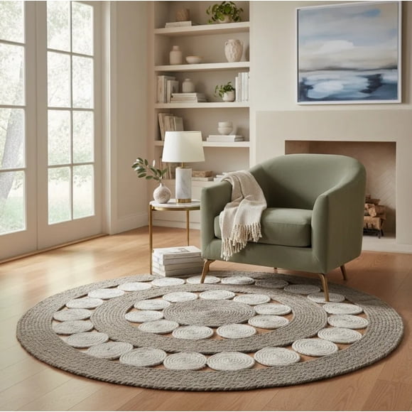 Alfombra De Yute Bicolor Circulos Calada 120 Cm Diametro