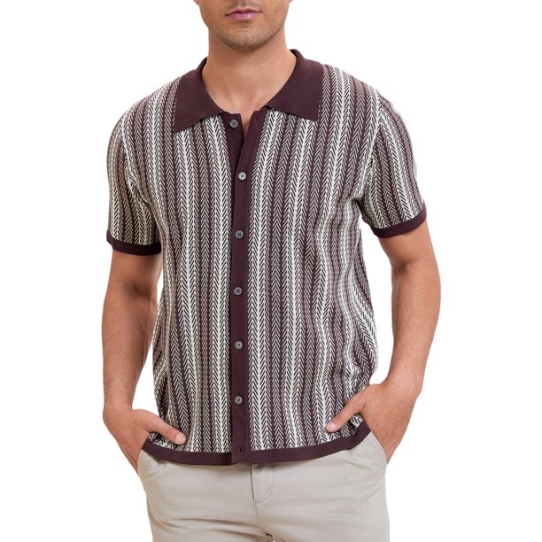 INSPIRE CHIC Polo de Punto a Rayas para Hombre de Verano con Mangas Cortas y Botones Abajo Camisas Polo de Jacquard XL Marrón Claro