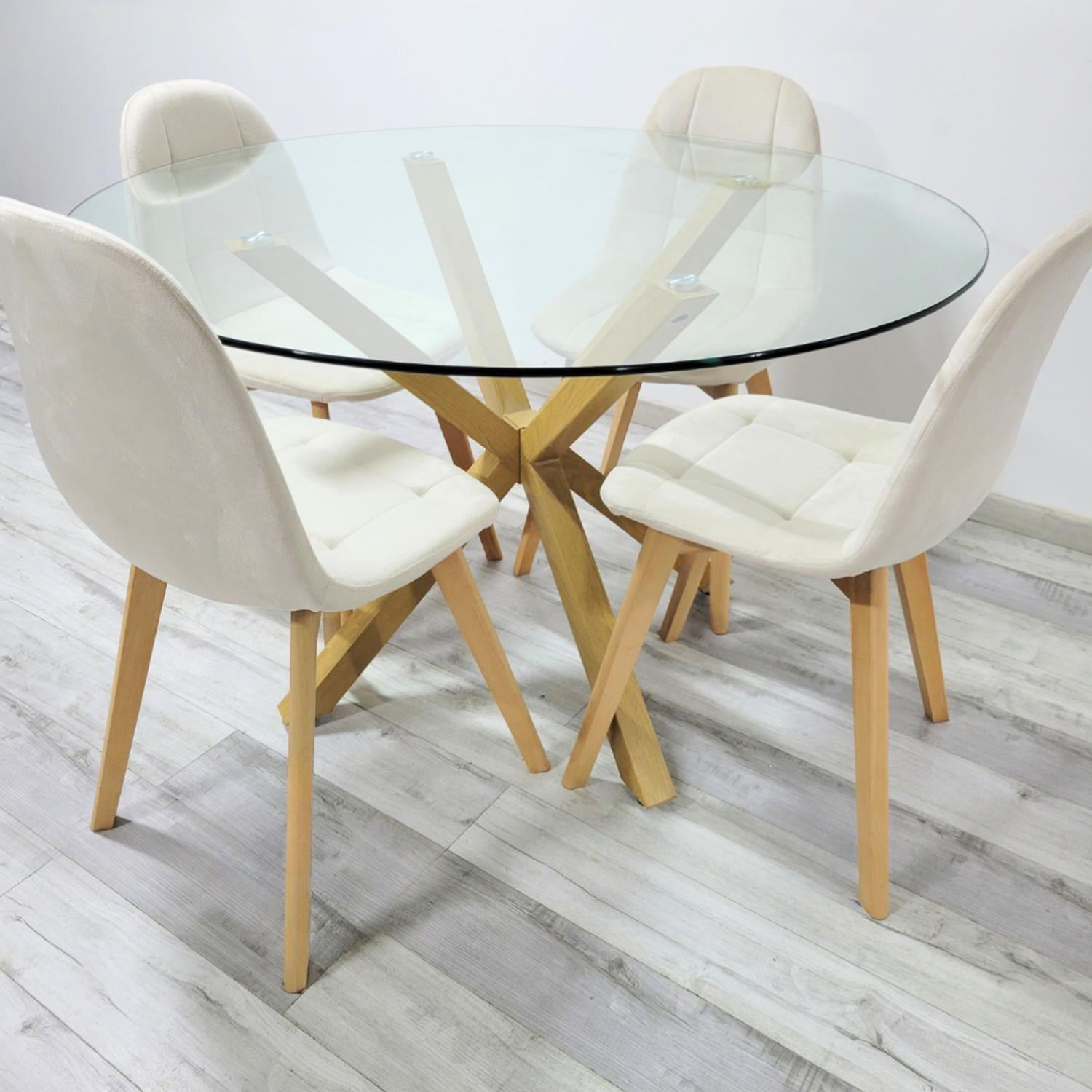 Pandalino - Comedor Mesa Redonda Equiz 100cm + 4 Sillas Vorak Beige | Elegante