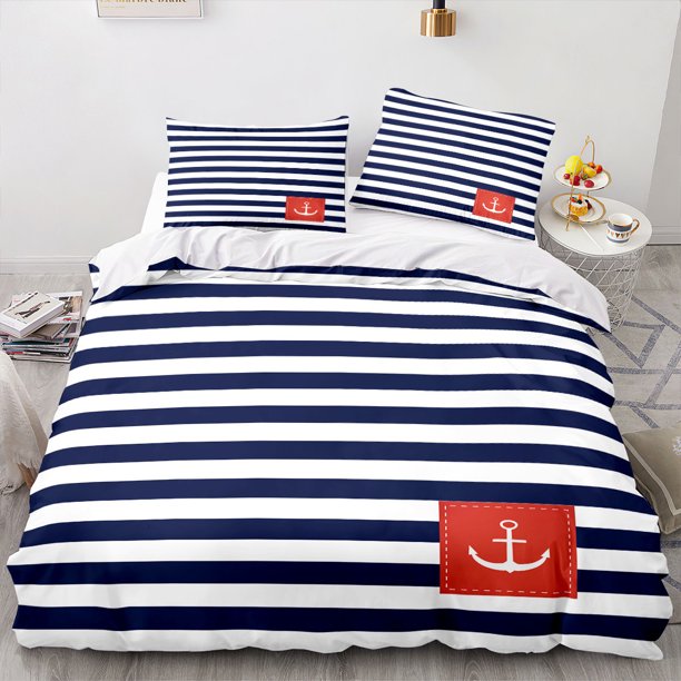 Marine Anchor Bedding Set Ocean Sea Duvet Cover Sets Comforter Bed Linen Twin Queen King Single Size Blue Ship Vessel Kids 3-Piece Bedding Set (1 Duvet Cover + 2 Pillow Shams) Bed