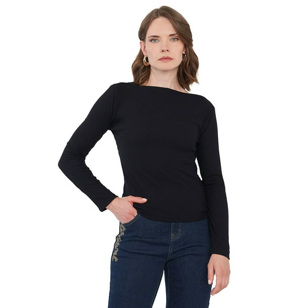 Polera Mujer Manga Larga Negro Rib Corona