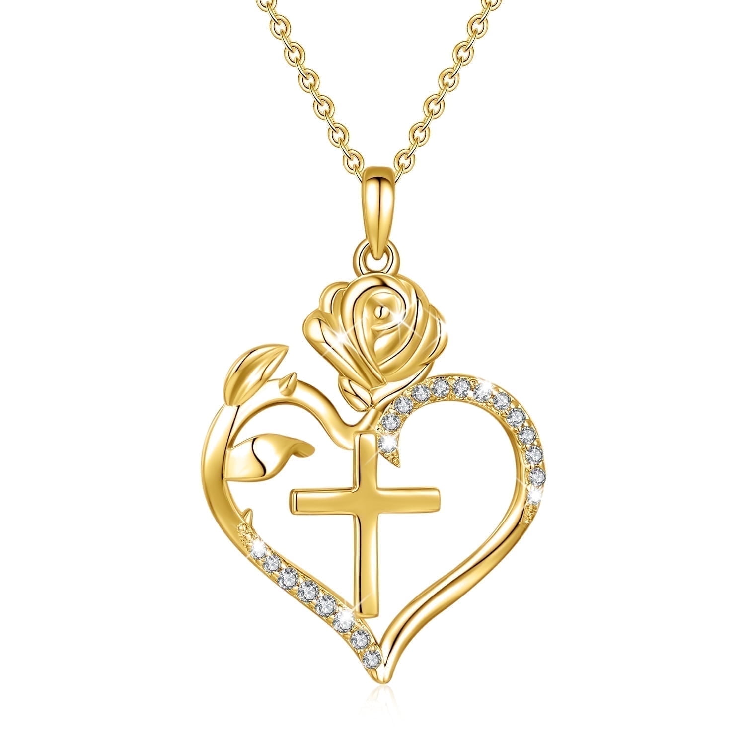 Collar Heshpaws S925 Sterling Silver Cross Rose Heart Con Caja De Regalo