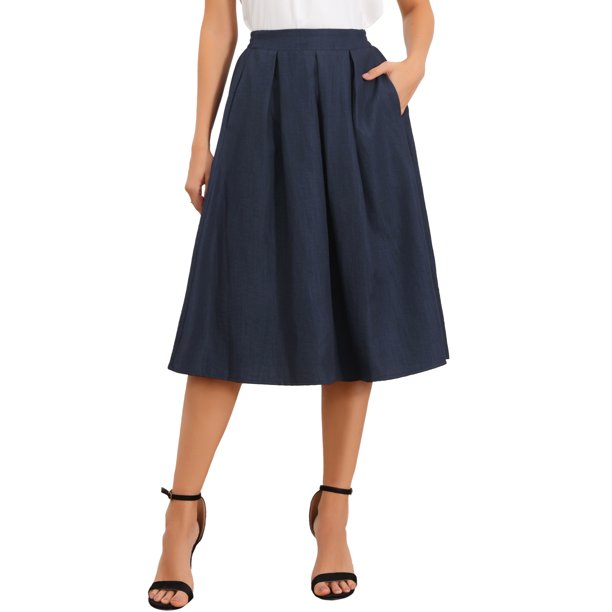 INSPIRE CHIC Faldas plisadas para mujeres vintage de línea A de cintura alta faldas midi casuales de negocios S azul marino