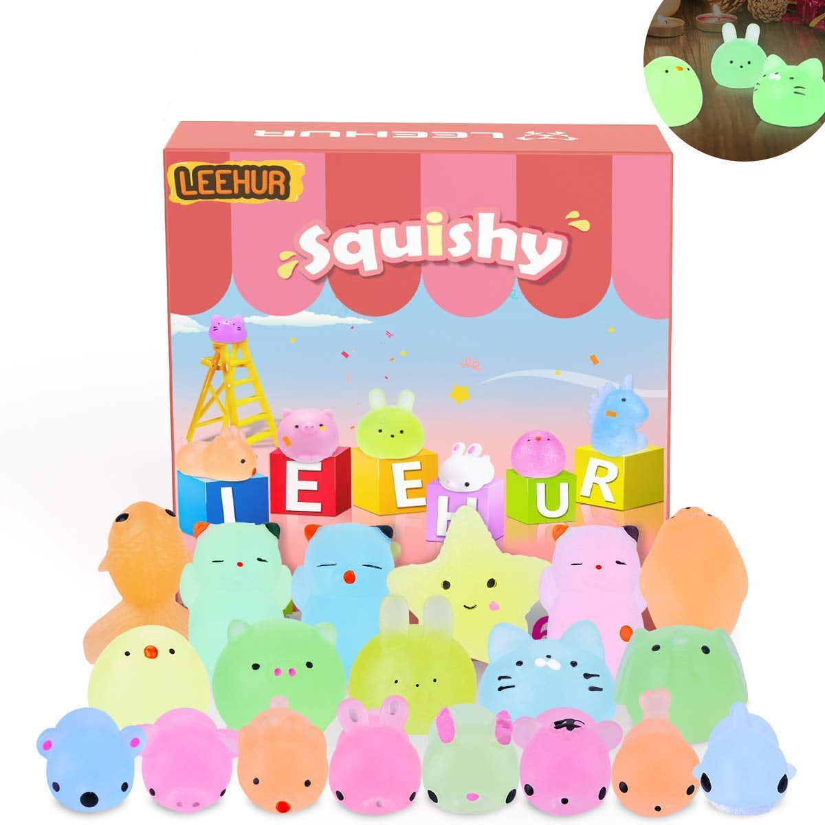Purpurina Squishy Leehur Mochi, 20 Unidades, Animales Que Brillan En La Oscuridad