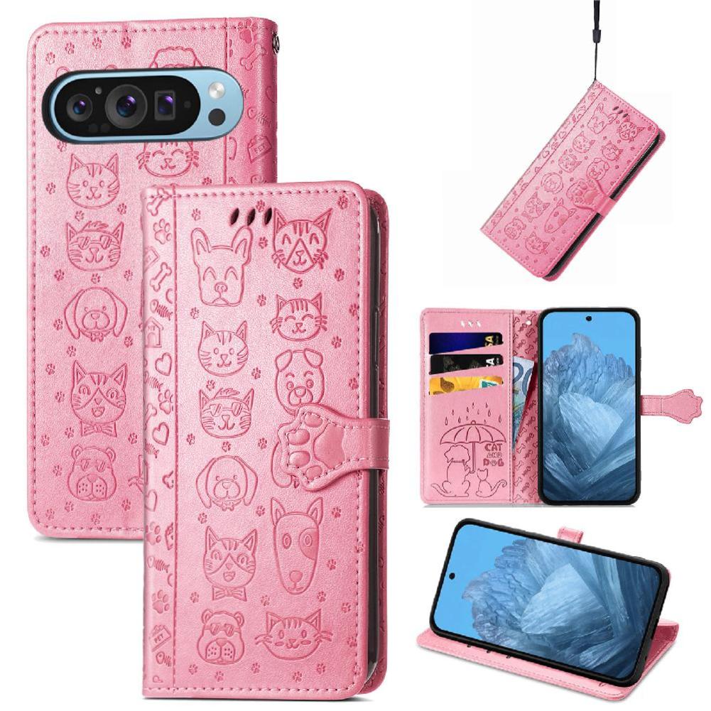 Funda Cartera Foxdock Para Google Pixel 9 Pro Xl , Flip Pu Con Relieve De Gatos Y Perros, Tarjetero Y Soporte