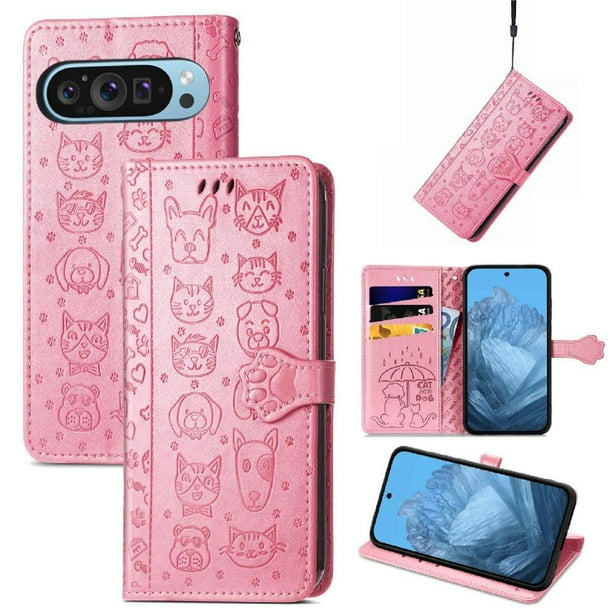 Funda Cartera FOXDOCK para Google Pixel 9 Pro XL , Flip PU con Relieve de Gatos y Perros, Tarjetero y Soporte