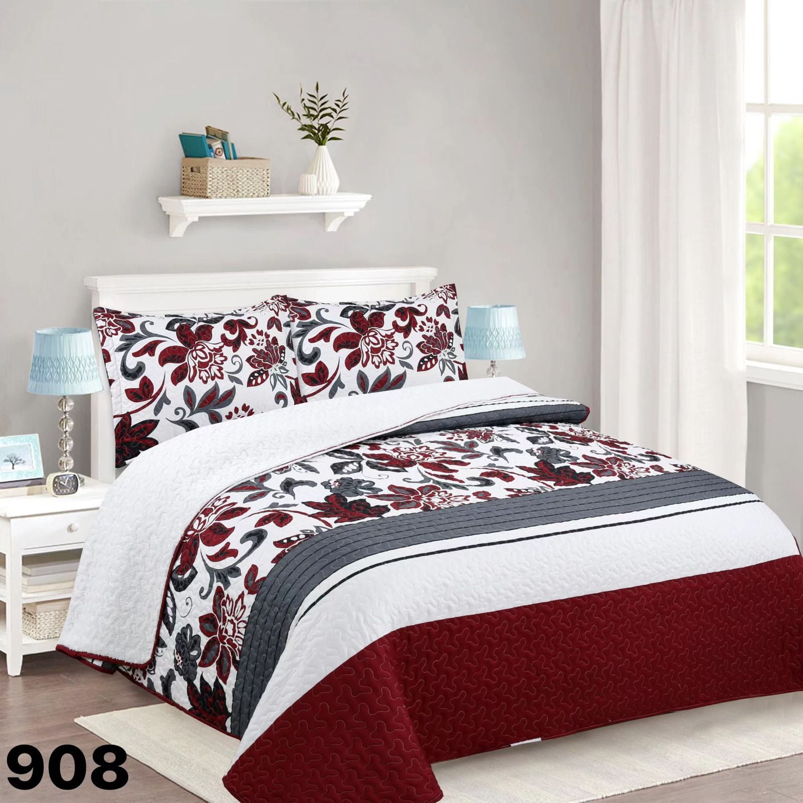 Genérico - Cubrecama Quilt Sherpa 1 1/2 Plazas - Burdeo Hojas M908