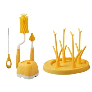 Magideal - Juego De Cepillos Para Biberones Limpiador De Biberones Cepillo De Lavado Herramientas De Cocina De Silicona Portátiles Estante De Secado De Biberones Amarillo