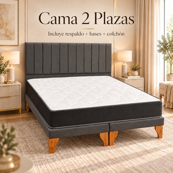 Cama 2 Plazas Gris oscuro con Colchón y Respaldo Lineal en Lino