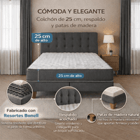 M&E - Cama 2 Plazas Completa | Base Europea + Colchón 24 Cm + Respaldo Tapizado