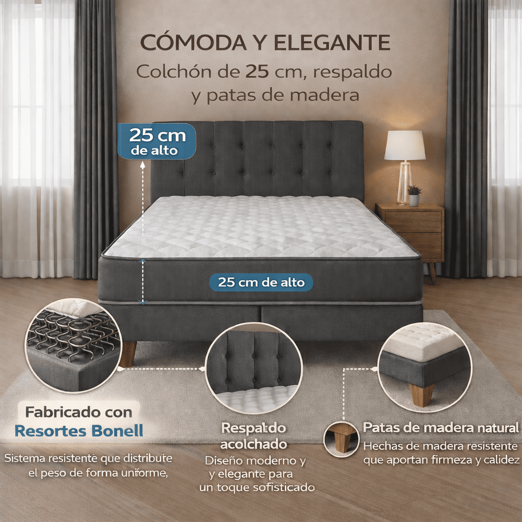 M&e - Cama 2 Plazas Completa | Base Europea + Colchón 25 Cm + Respaldo Tapizado