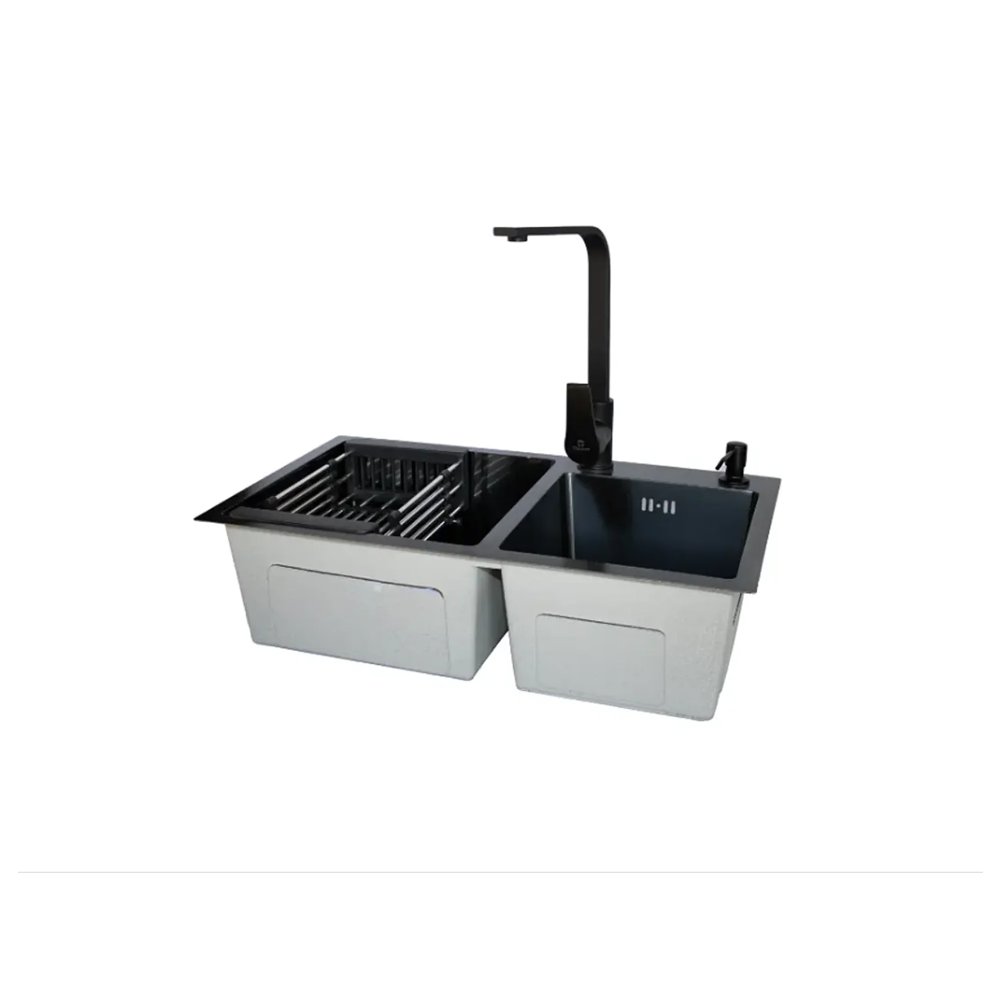 Modern Space - Lavaplatos 68x38 Cm Deluxe De Acero Inoxidable Para Empotrar Espesor 2mm Color Negro Con Rejilla, Dispensador De Jabon Y Grifería Notte