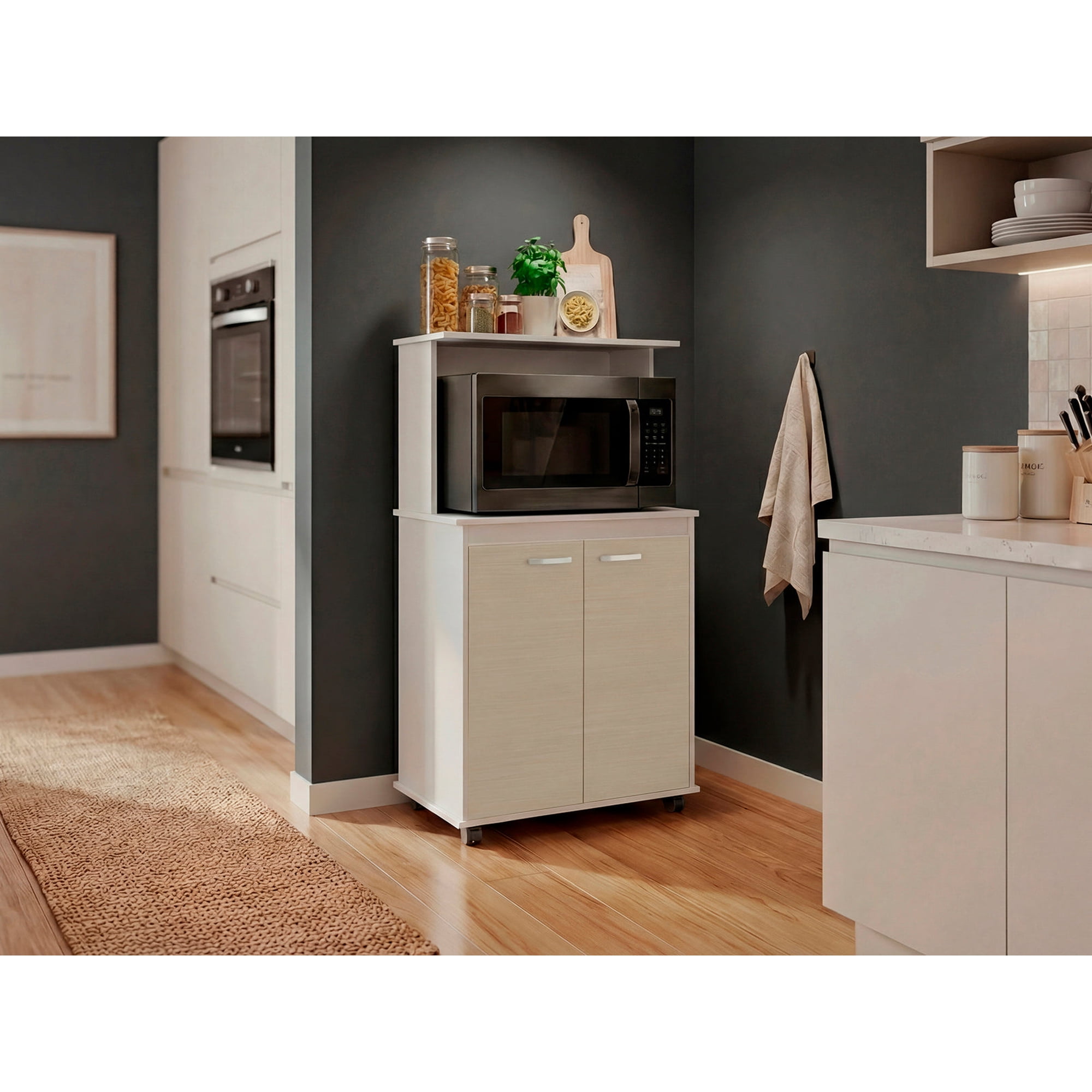 Tuhome - Mueble Para Microondas Kitchen Blanco Y Rovere 113,5x63x36 Cm, Muebles 0rganizadores De Cocina