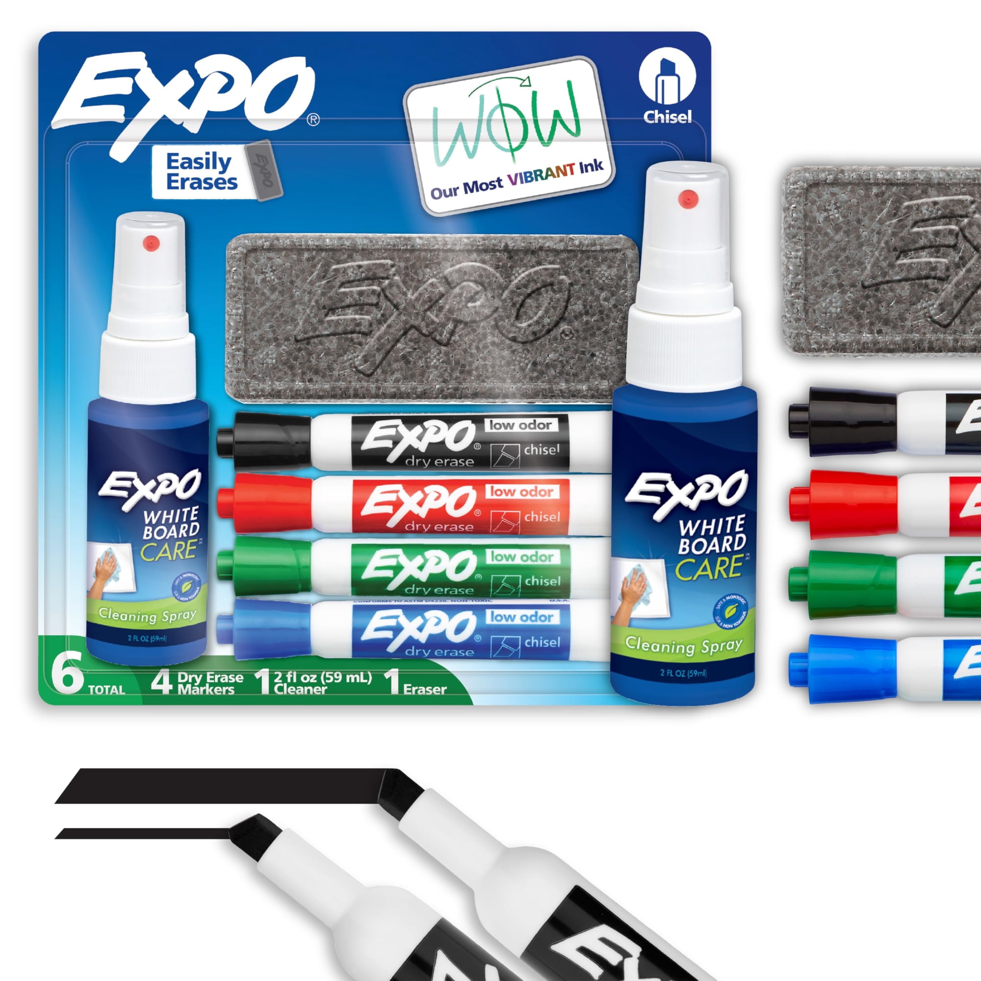 Set De Rotuladores De Borrado En Seco Expo, Bajo Olor, 6 Unidades, Con Goma De Borrar Y Limpiador