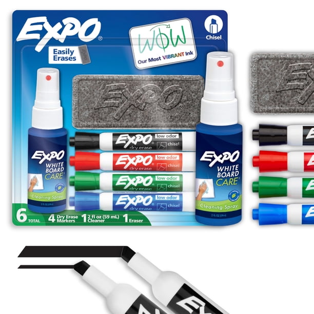 Set de rotuladores de borrado en seco EXPO, bajo olor, 6 unidades, con goma de borrar y limpiador