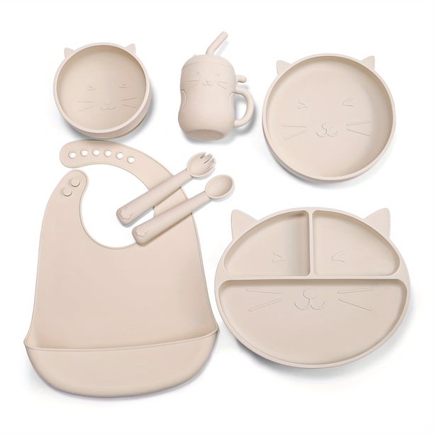 1/7pcs Silicone Feeding Set, Baby Cat Design Silicone Tableware, Toddlers Led Weaning Supplies With Suction, Bowl Divided Plate Adjustable Bib, Soft Spoon Fork Water Cup, TYRY.HU Unbreakable Dishes